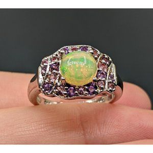 Sterling Silver Round Ethiopian Opal Pink Purple Gemstone Ring Size 8.25 Signed